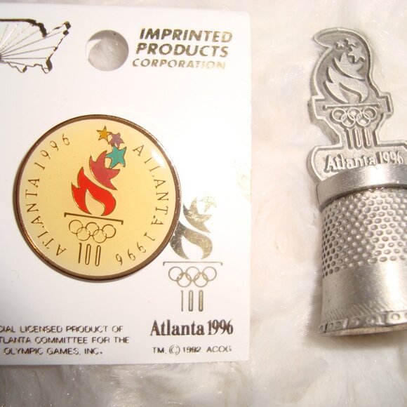 The Olympic Pin & Pewter Thimble 1996 Atlanta Torch New - Picture 1 of 7